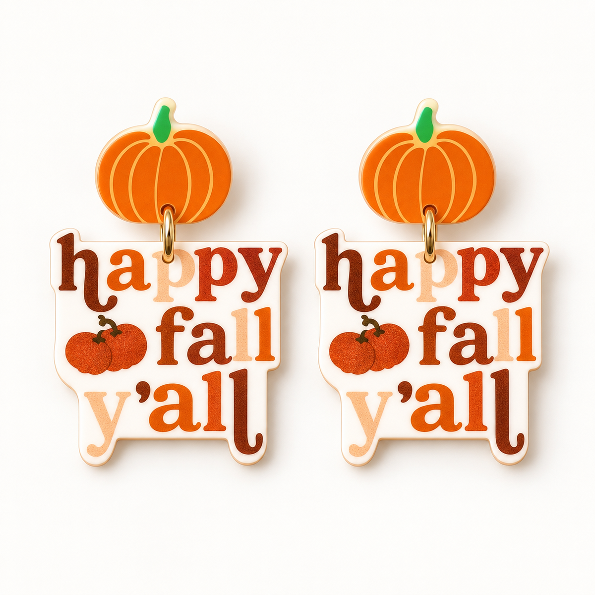 Happy Fall Y’all pumpkin acrylic statement earrings on clean white background