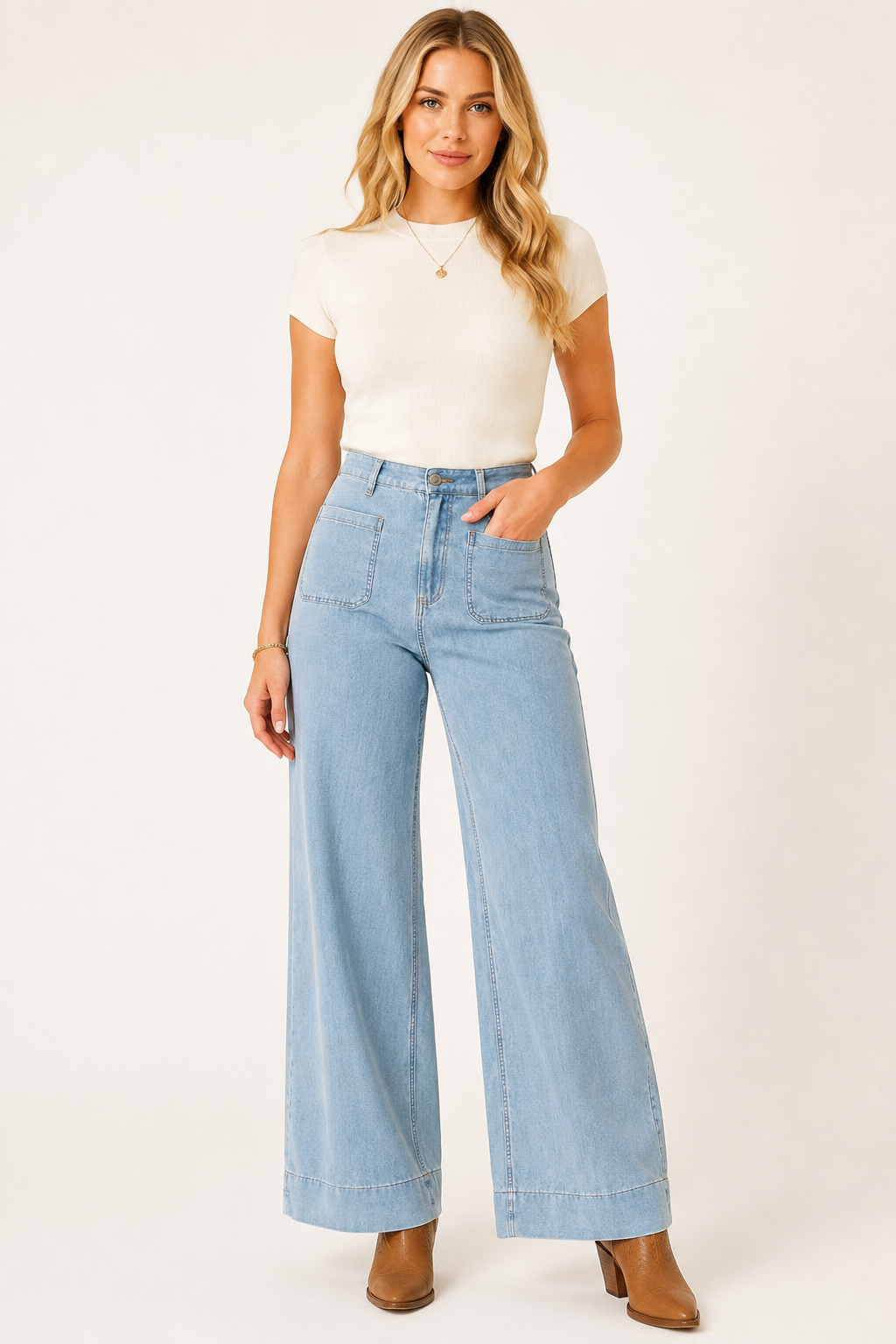 Blonde model wearing the Blue Haven patch-pocket wide-leg jeans with an ivory top and tan Western boots on a warm