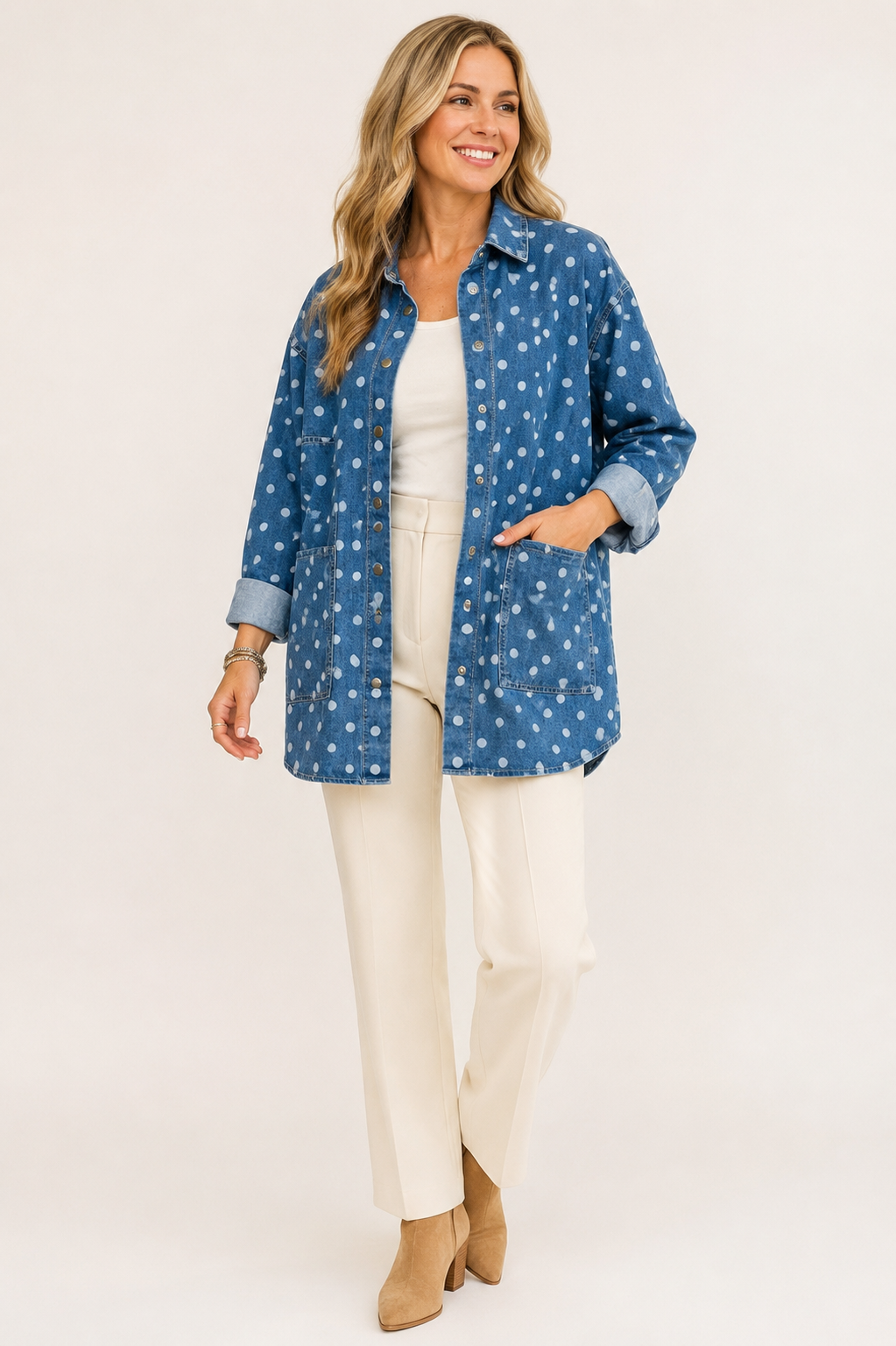 Blonde model wearing the Bluebell polka-dot denim shacket with an ivory tank and cream trousers on a warm white background.