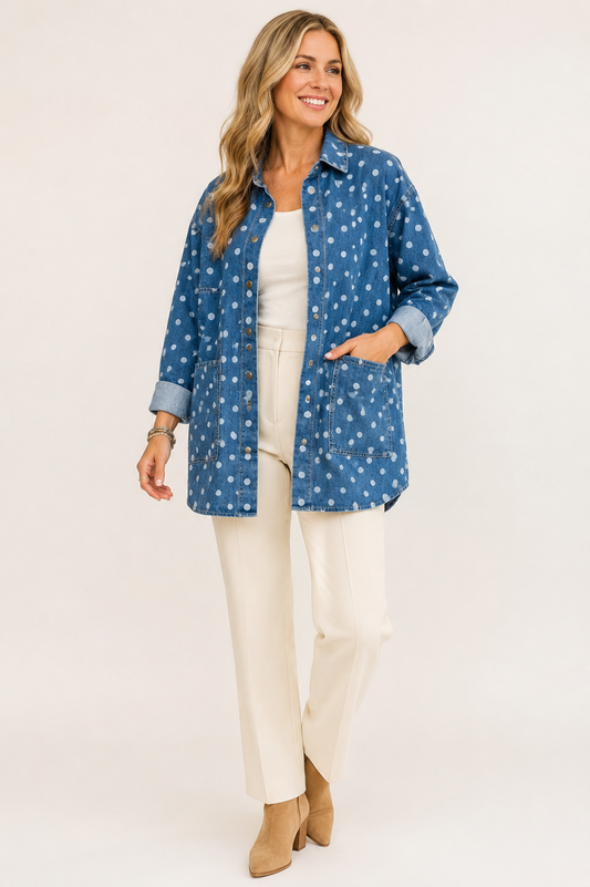 Blonde model wearing the Bluebell polka-dot denim shacket with an ivory tank and cream trousers on a warm white background.