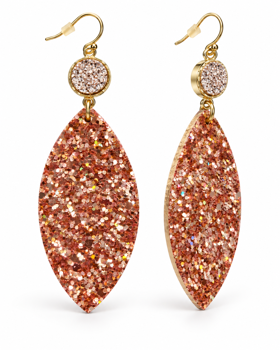 Front and side views of Rosé Glow glitter earrings showing gold-tone hardware, hook closure, and dimensional leaf shape