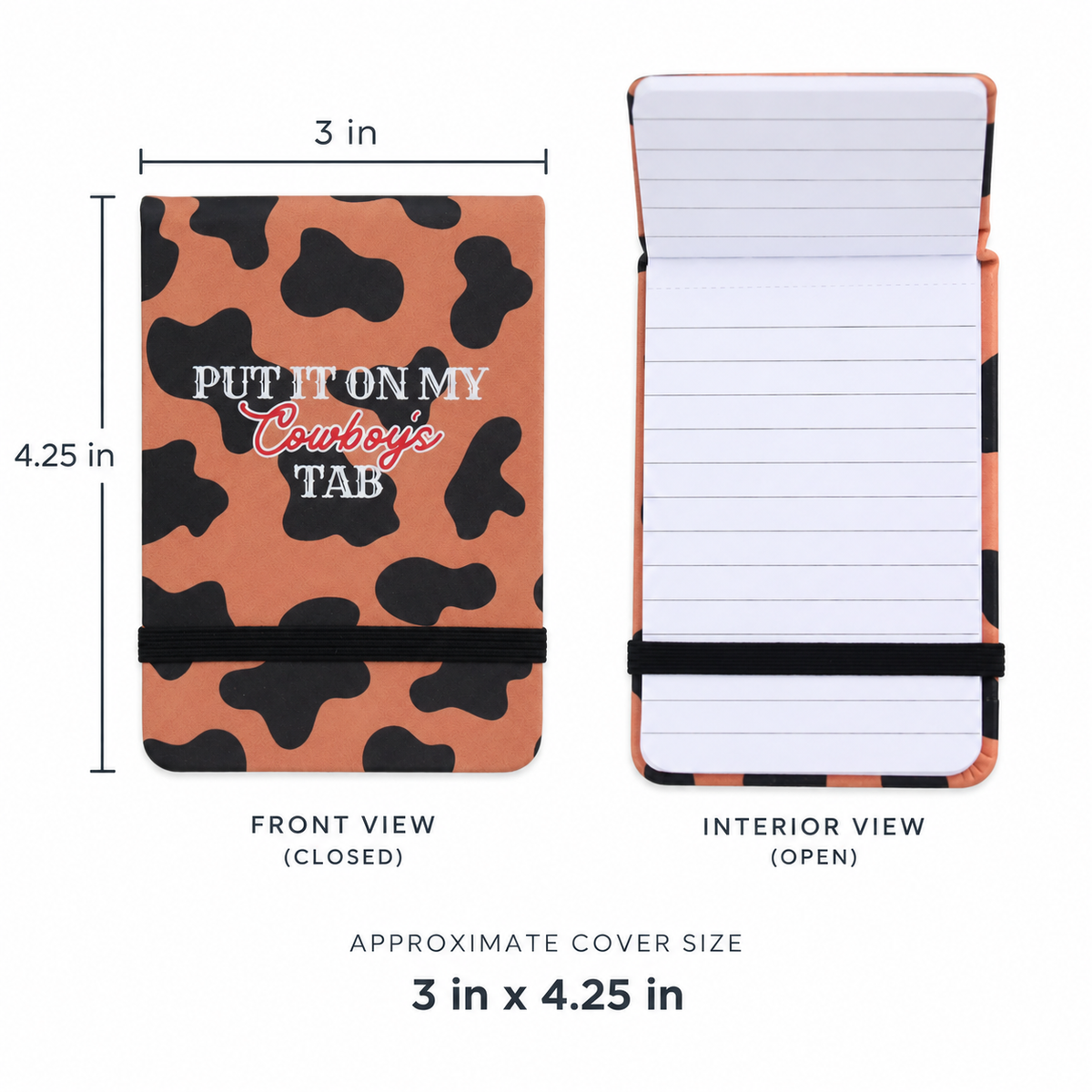 Size guide for Put It On My Cowboy’s Tab pocket journal measuring approximately 3 by 4.25 inches