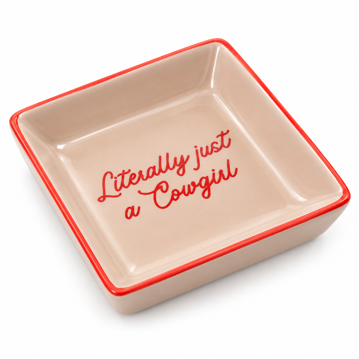 Angled view of Literally Just A Cowgirl western ceramic jewelry and trinket tray