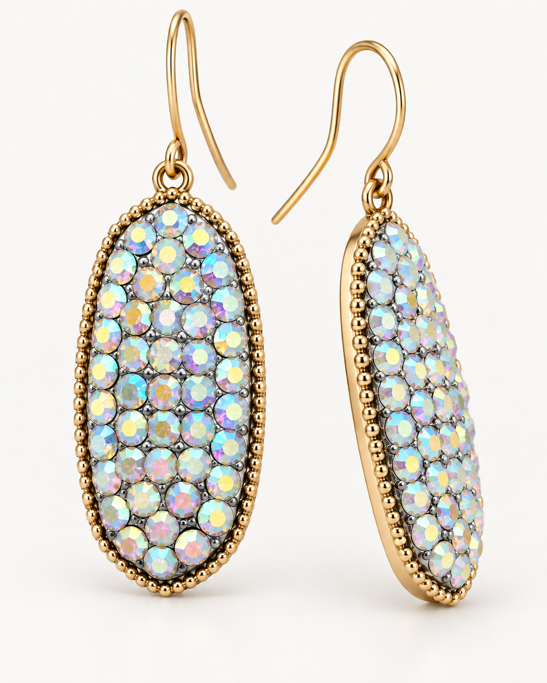 Front and side view of iridescent oval drop earrings showing gold-tone frame and fish-hook closure