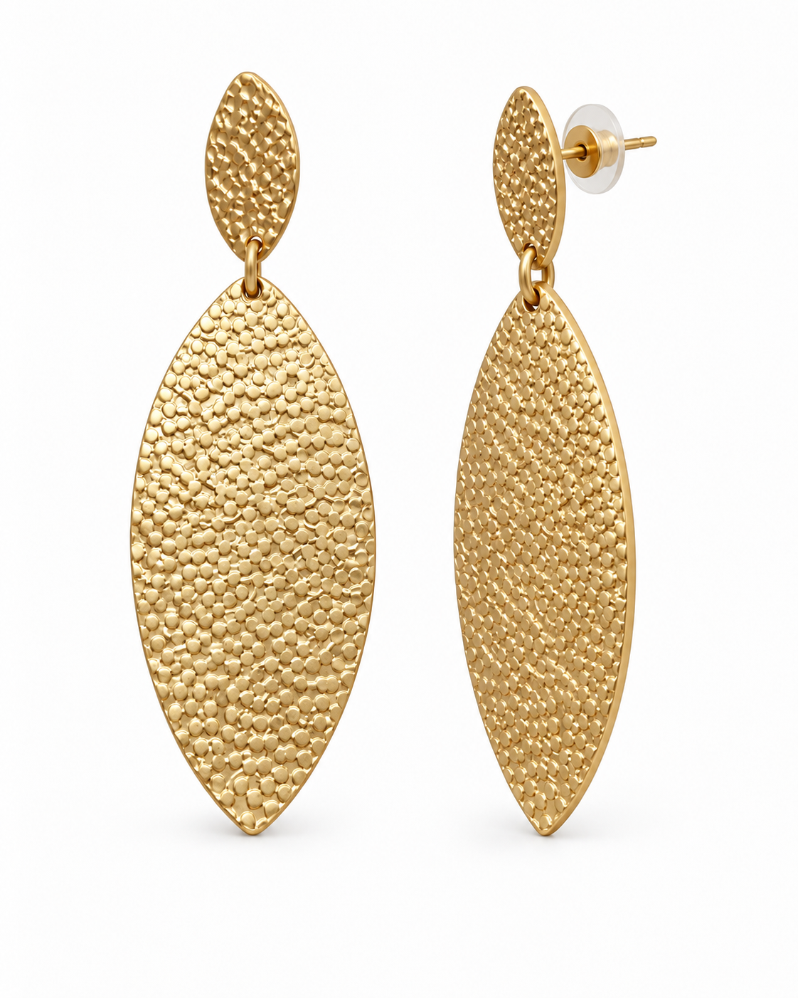 Attribute image showing front and side views of gold-tone drop earrings with post-back closure