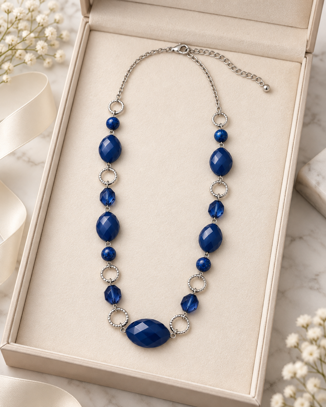 A beaded necklace with deep blue faceted beads and silver-toned circular accents, displayed on a cream-colored jewelry box.