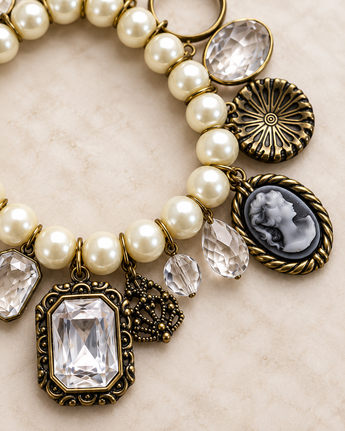 A close-up of a pearl and antique bronze charm necklace on a light beige marble background. The necklace features cream-colored faux pearls, clear faceted crystal drops, a black-and-white cameo face charm, a crown charm, and a sunburst medallion.