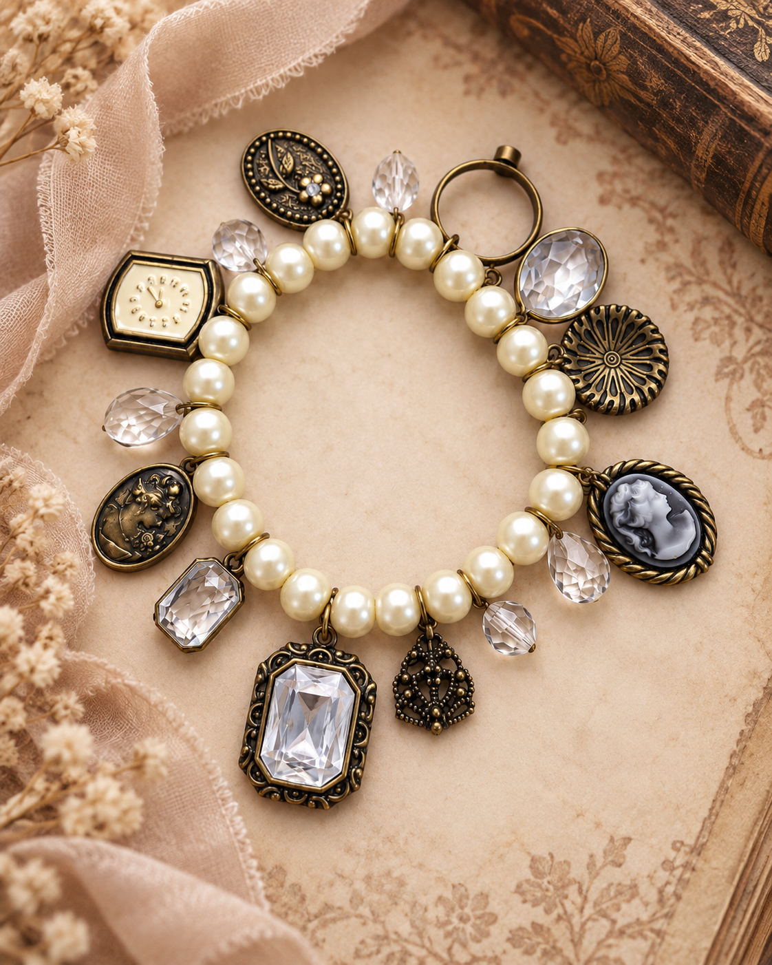An antique-style charm bracelet with white faux pearls, bronze-toned metal charms, clear faceted crystals, and vintage cameo details, arranged on a beige textured surface with soft fabric and dried flowers.