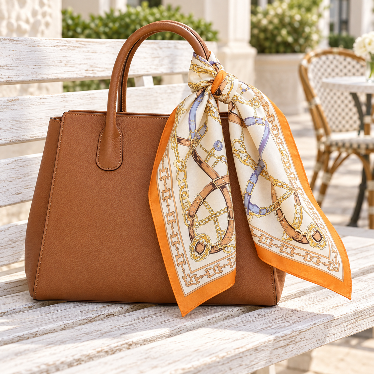 Orange Border equestrian square scarf tied around the handle of a cognac handbag.