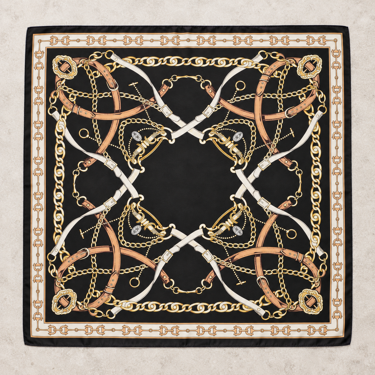 Black Saddle Society equestrian square scarf displayed flat on light stone.