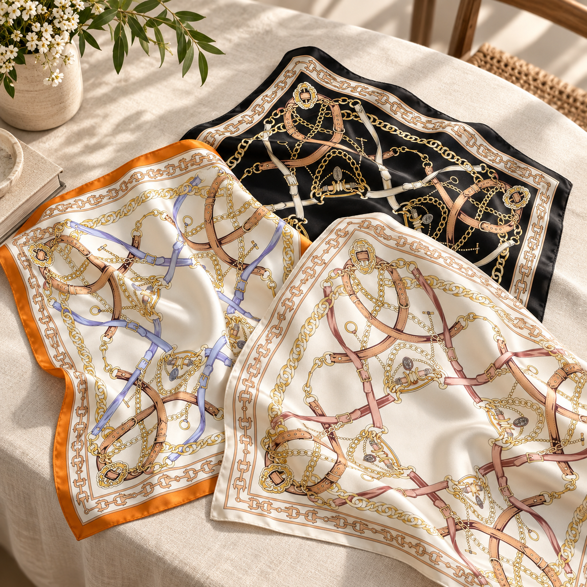 Ivory Saddle Society scarf styled as a head wrap in a Palm Beach garden.