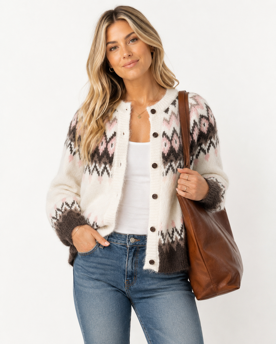 White Geometric Pattern Brushed Knit Button Cardigan