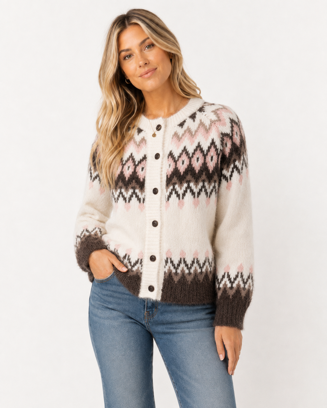 White Geometric Pattern Brushed Knit Button Cardigan