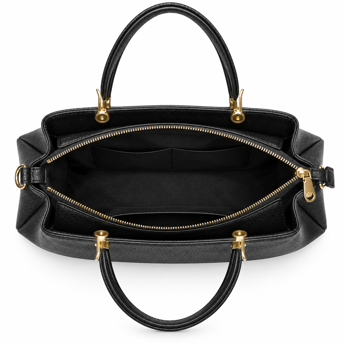 Close-up of black textured faux leather tote bag showing pebbled finish, gold-tone hardware, zipper and strap attachment details
