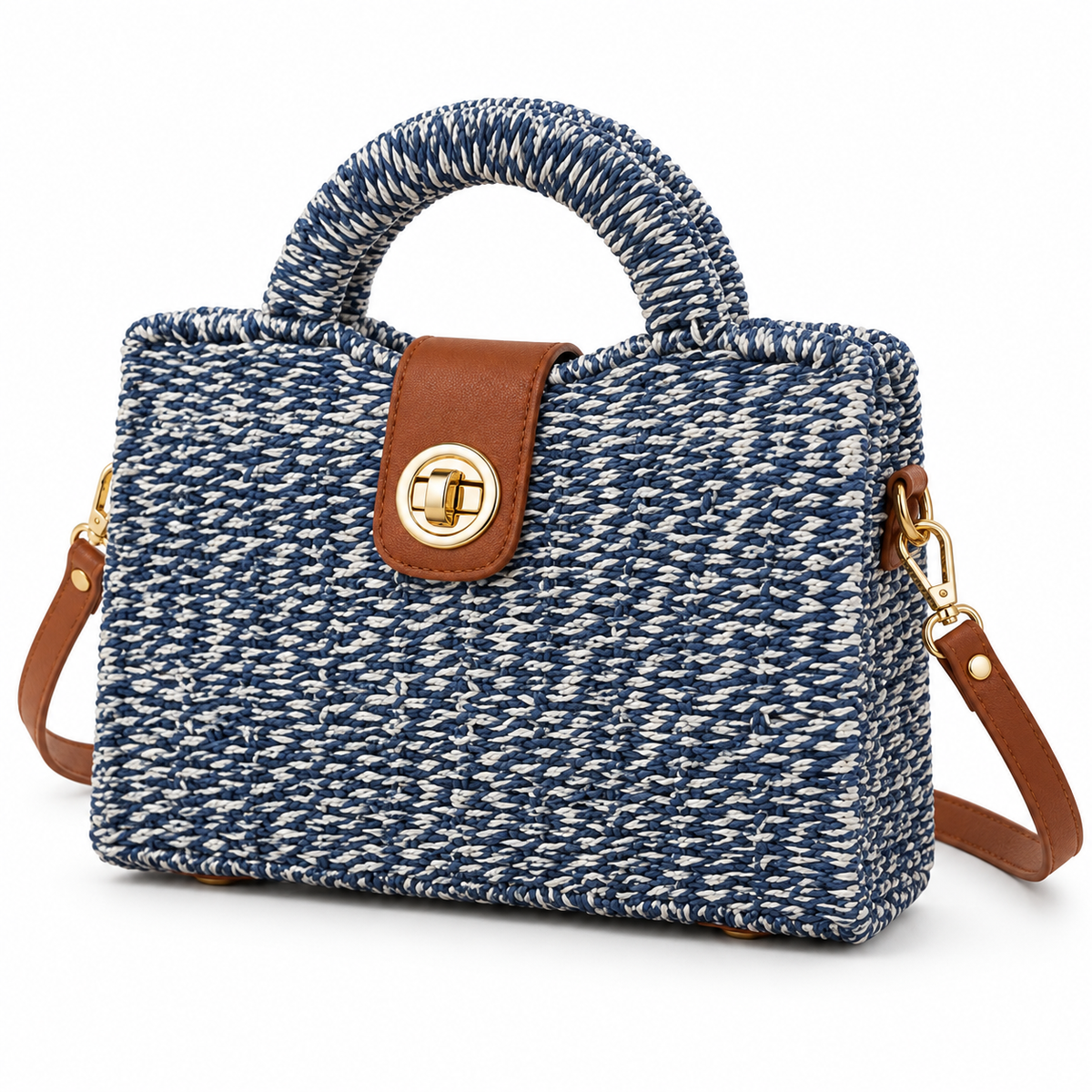 Blue Harbor Weave mini satchel with navy and white woven texture, brown trim and gold-tone hardware