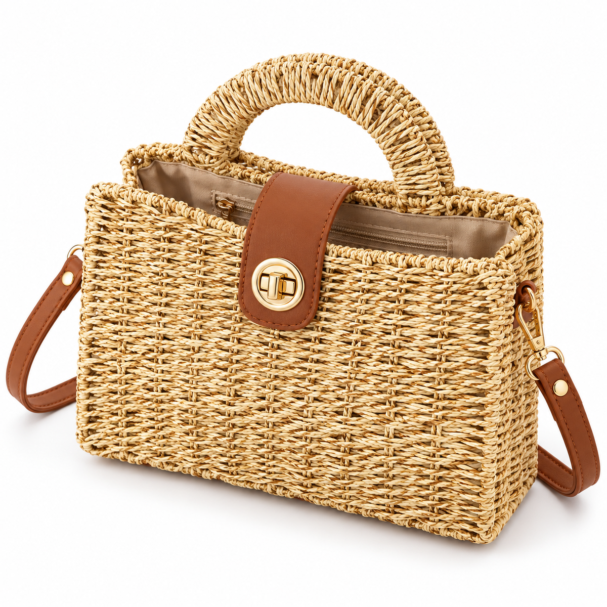 Open beige Harbor Weave woven mini satchel showing the interior lining, turn-lock closure and structured shape