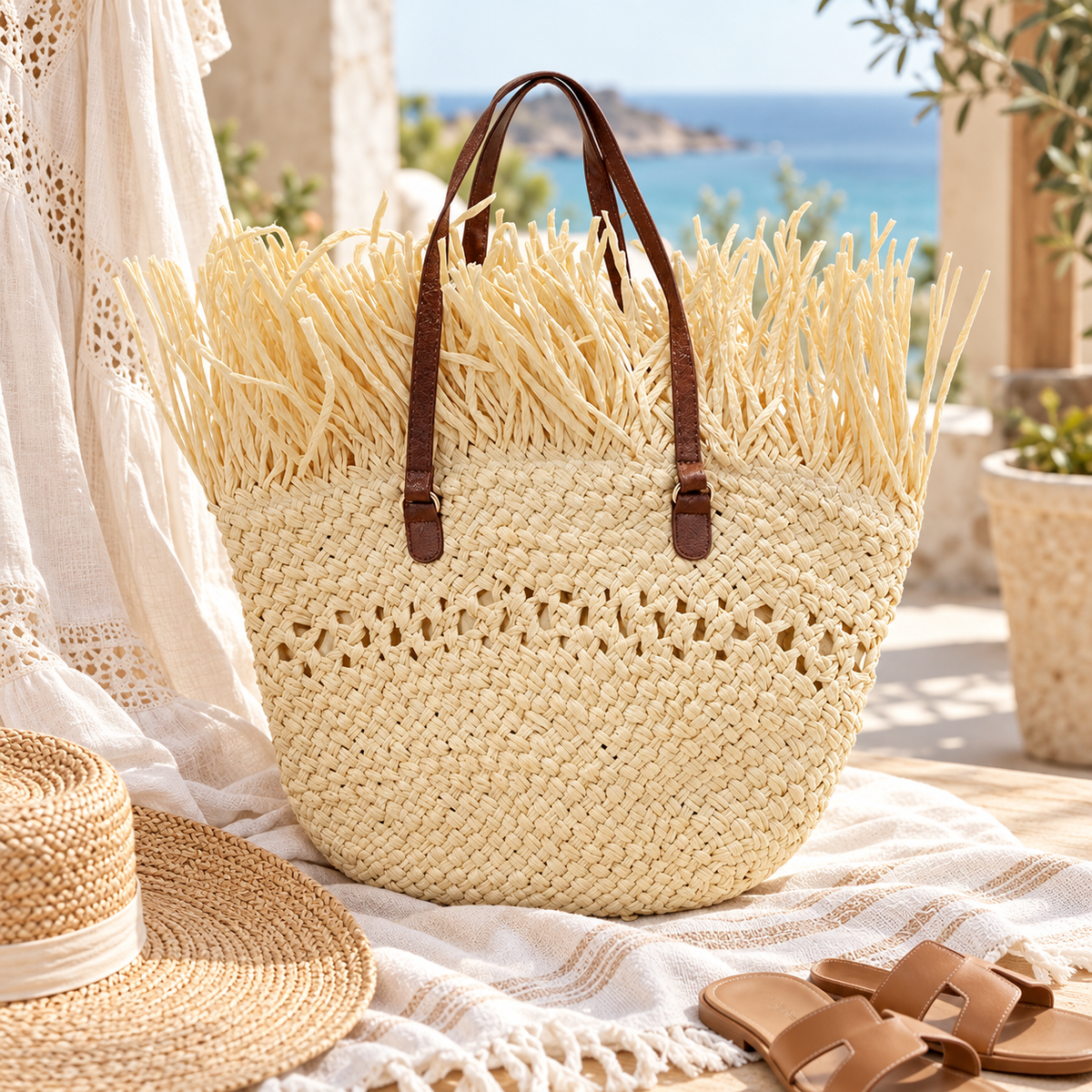 Seaside Fringe woven tote styled in a coastal setting with straw hat, sandals and ocean view