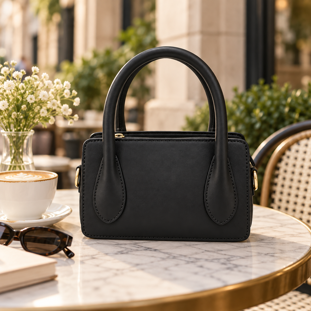 Black Park Avenue structured mini handbag styled on a marble cafe table with coffee, sunglasses and flowers