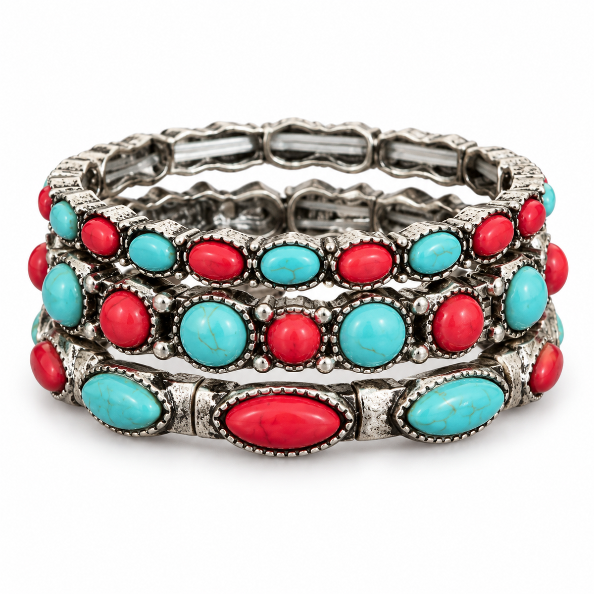 Desert Rodeo three-piece western stretch bracelet set with faux turquoise-colored and red stones on white