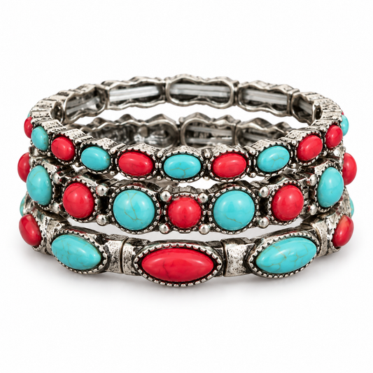 Desert Rodeo three-piece western stretch bracelet set with faux turquoise-colored and red stones on white