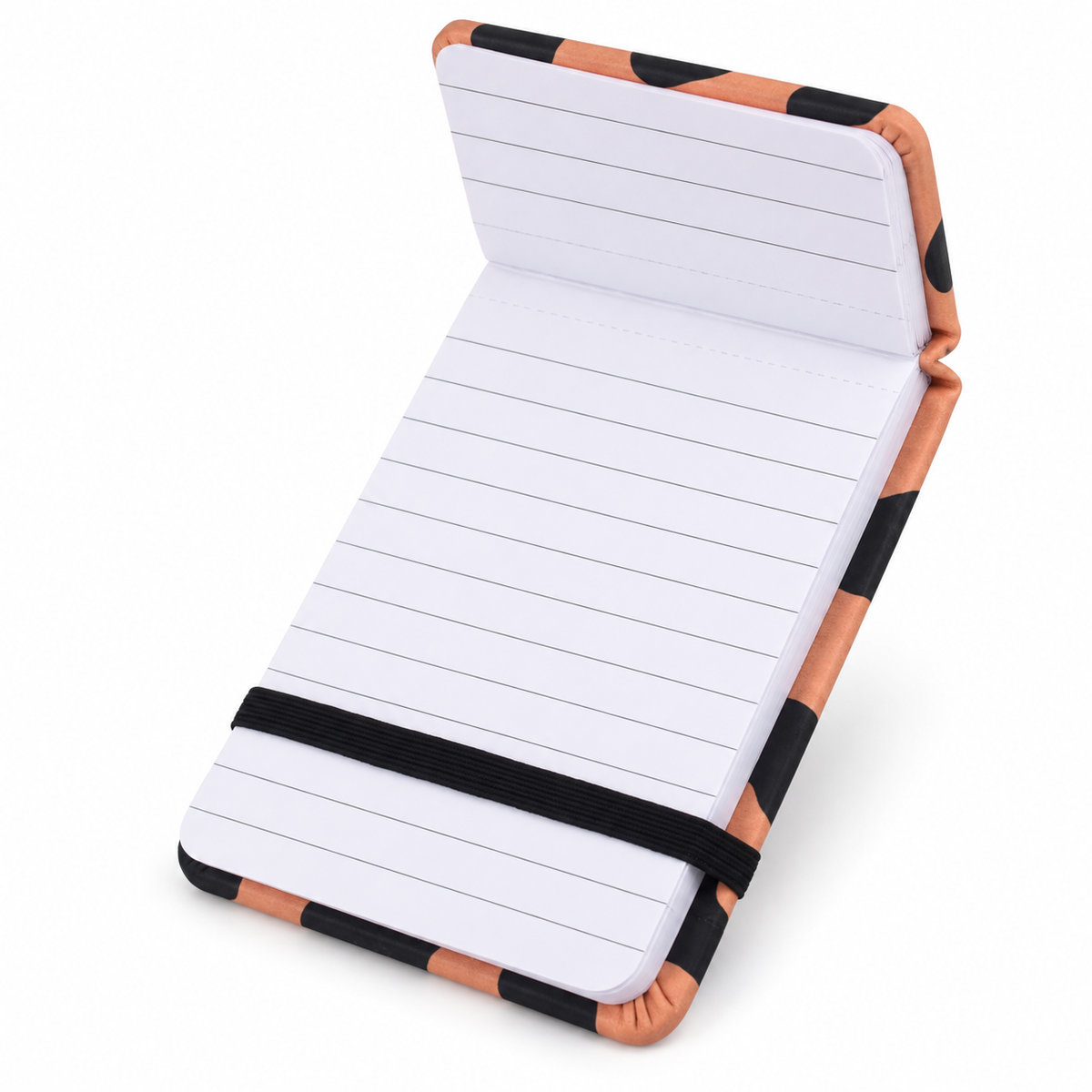 Open Put It On My Cowboy’s Tab pocket journal showing white lined pages and cowprint leatherette cover