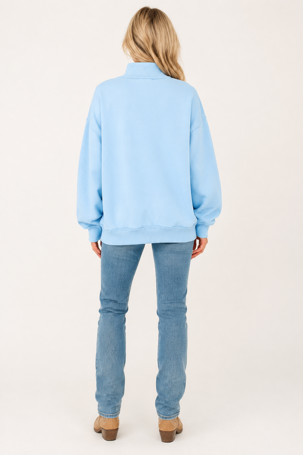 Back view of the Jesus Saves mist-blue sweatshirt showing its plain back, high neckline, dropped shoulders and relaxed fit.
