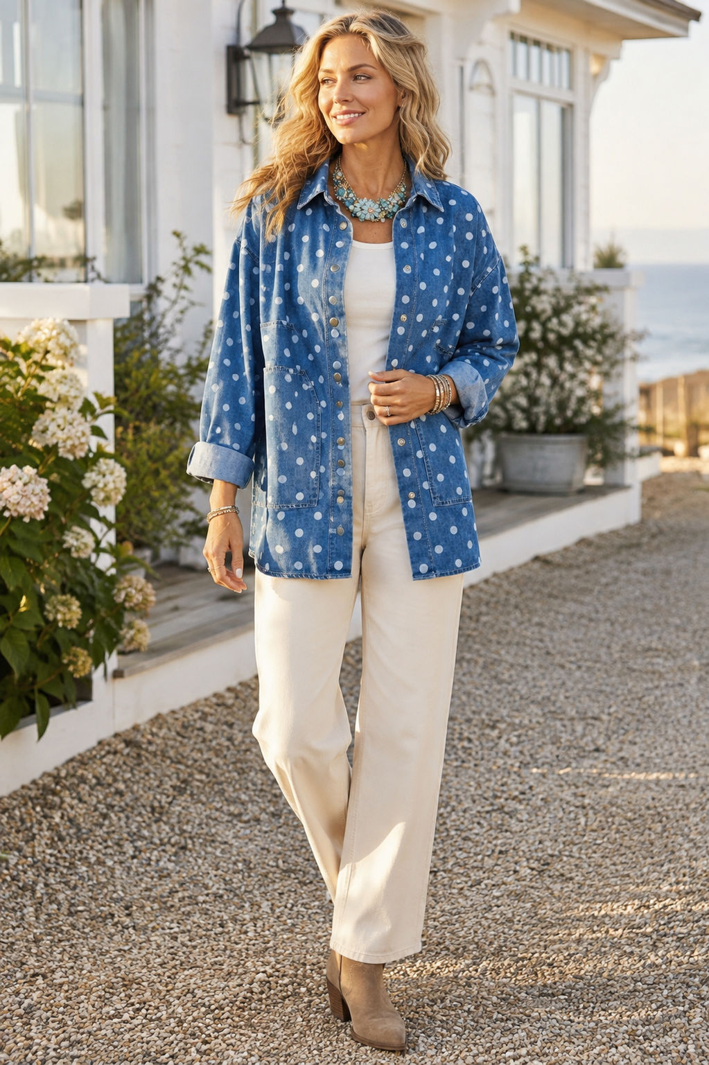 Blonde model styling the Bluebell polka-dot denim shacket with cream trousers outside a coastal cottage.