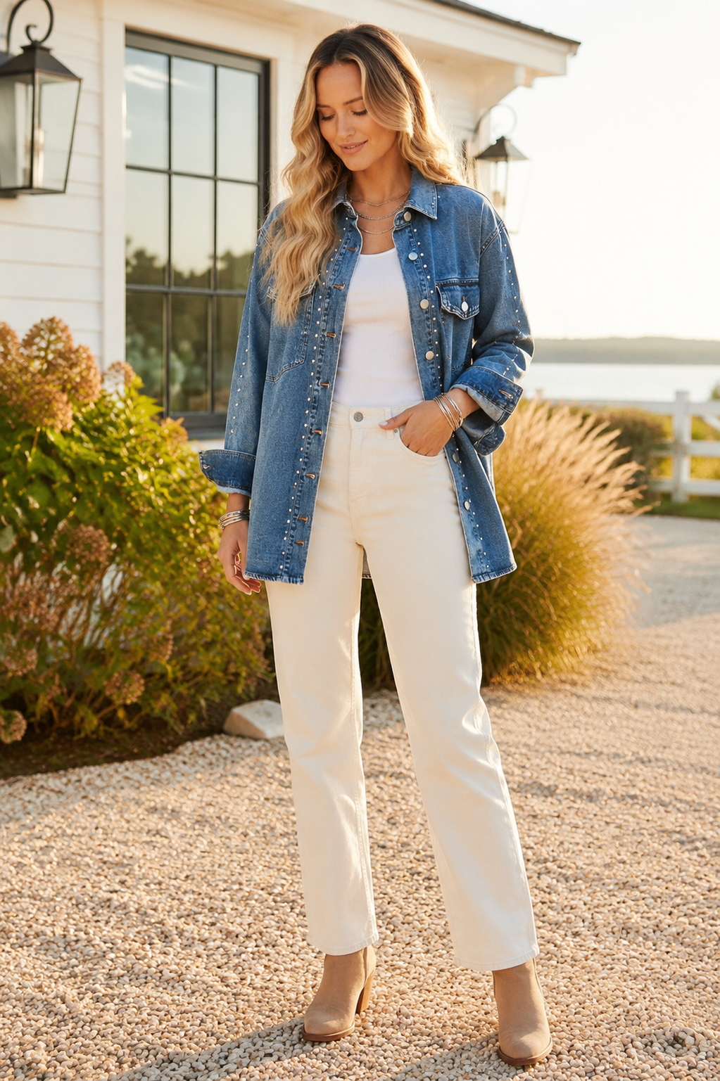 Blonde model styling the Silver Spur studded denim jacket with cream trousers outside a coastal ranch home.