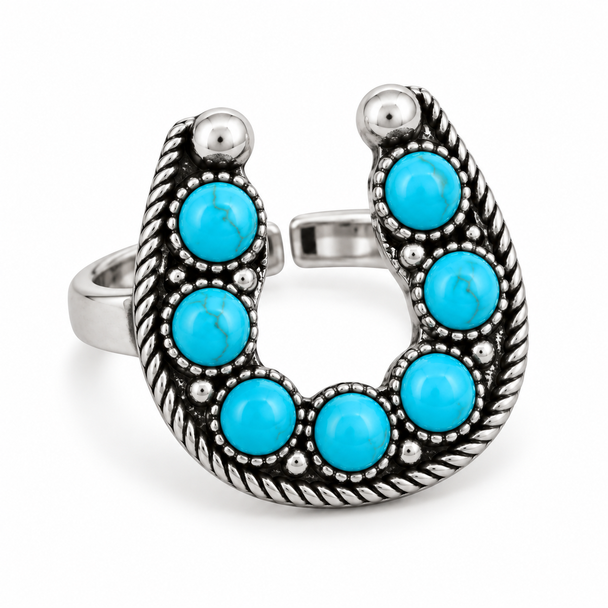 Adjustable silver-tone horseshoe ring with faux turquoise-colored stones shown at an angle