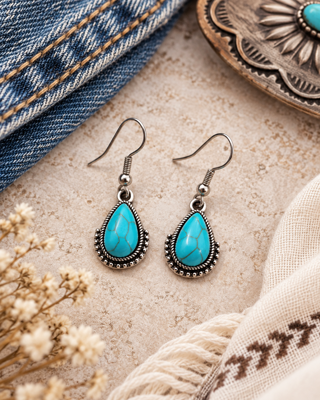 A pair of teardrop-shaped turquoise drop earrings with silver-toned filigree borders and fishhook wires, displayed on a textured beige surface with denim, a western-style coin, dried flowers, and cream fabric as styled props.
