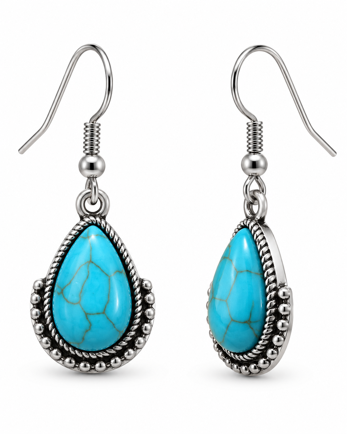 A pair of silver-toned teardrop dangle earrings featuring turquoise-colored stone inlays with natural crackle veining, shown on a plain white background.