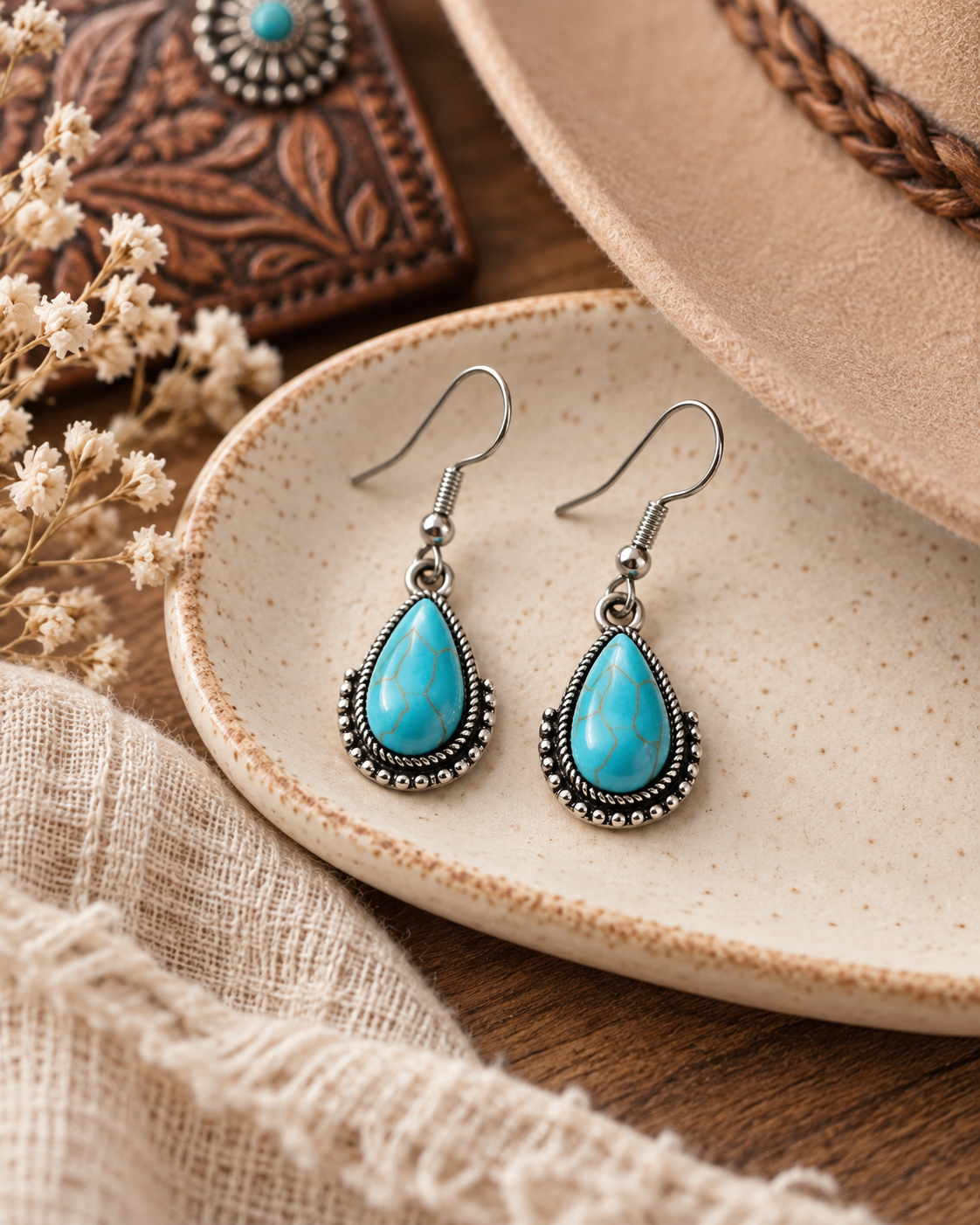 A pair of silver-tone teardrop dangle earrings with bright turquoise blue stones and silver beaded borders, displayed on a speckled ceramic dish with western-themed props including a tan hat, dried flowers, and a brown tooled leather accessory.