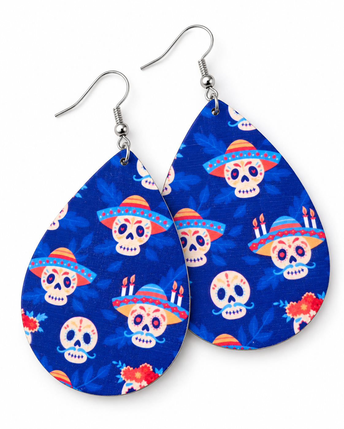 Front and side view of Fiesta Azul wood earrings showing the lightweight wooden construction and teardrop shape