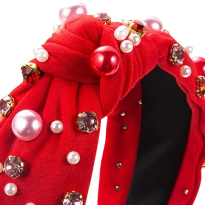 A Love Bomb Top Knot Faux Pearl and Rhinestone Headband