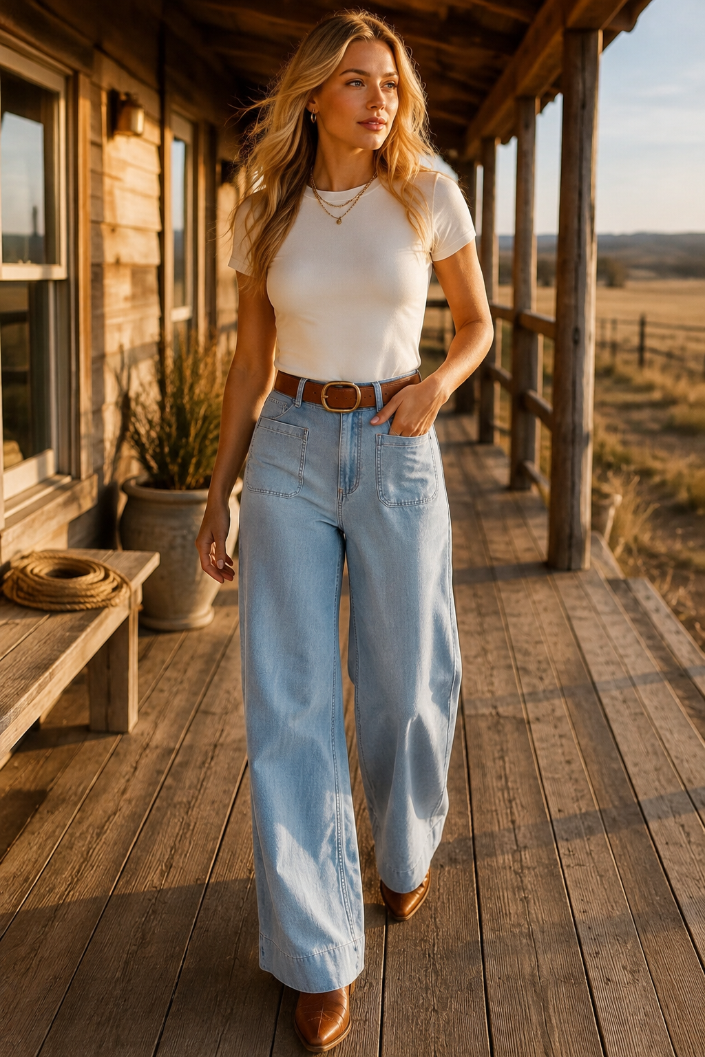 Blonde model wearing the Blue Haven wide-leg jeans with an ivory tee, cognac belt and Western boots on a ranch porch.