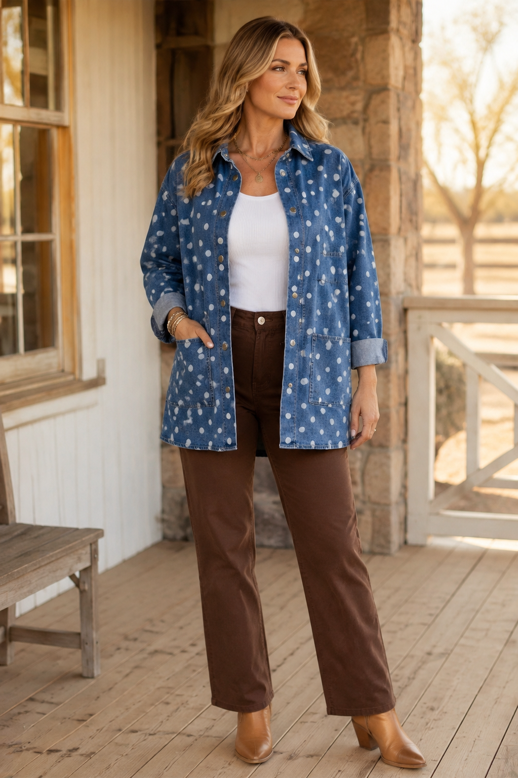Blonde model wearing the Bluebell polka-dot denim shacket with brown trousers on a sunlit ranch porch.