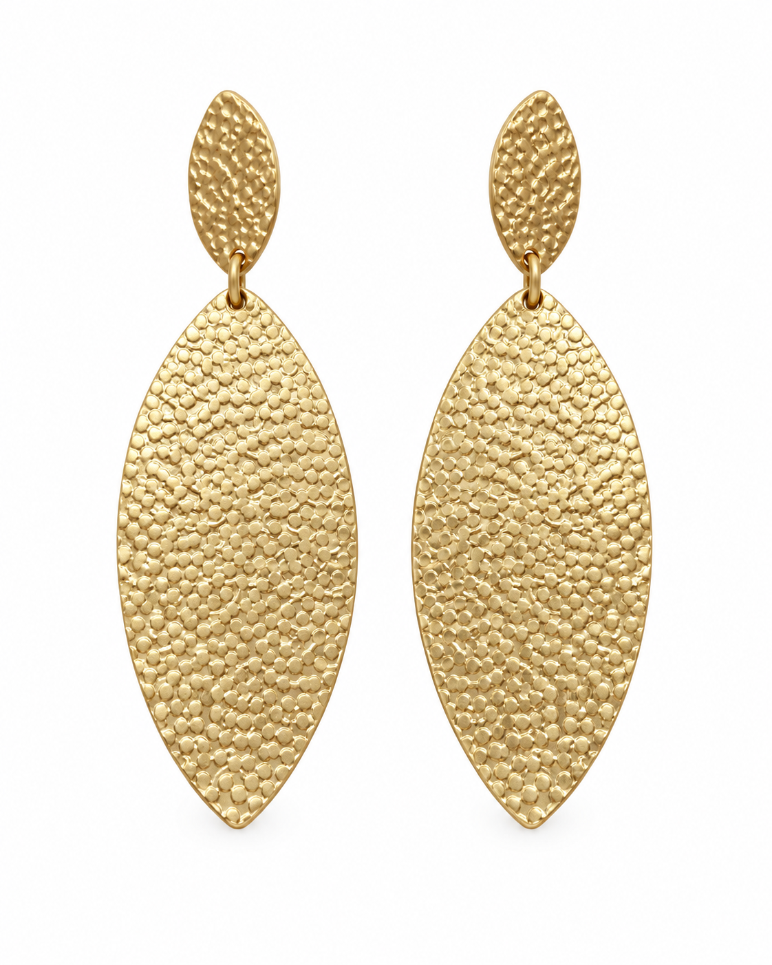 Golden Hour textured gold-tone drop earrings with elongated oval design on a white background