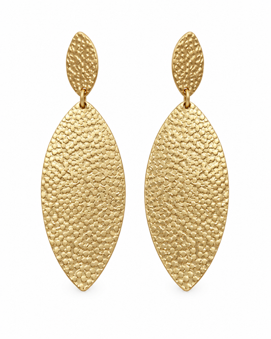 Golden Hour textured gold-tone drop earrings with elongated oval design on a white background