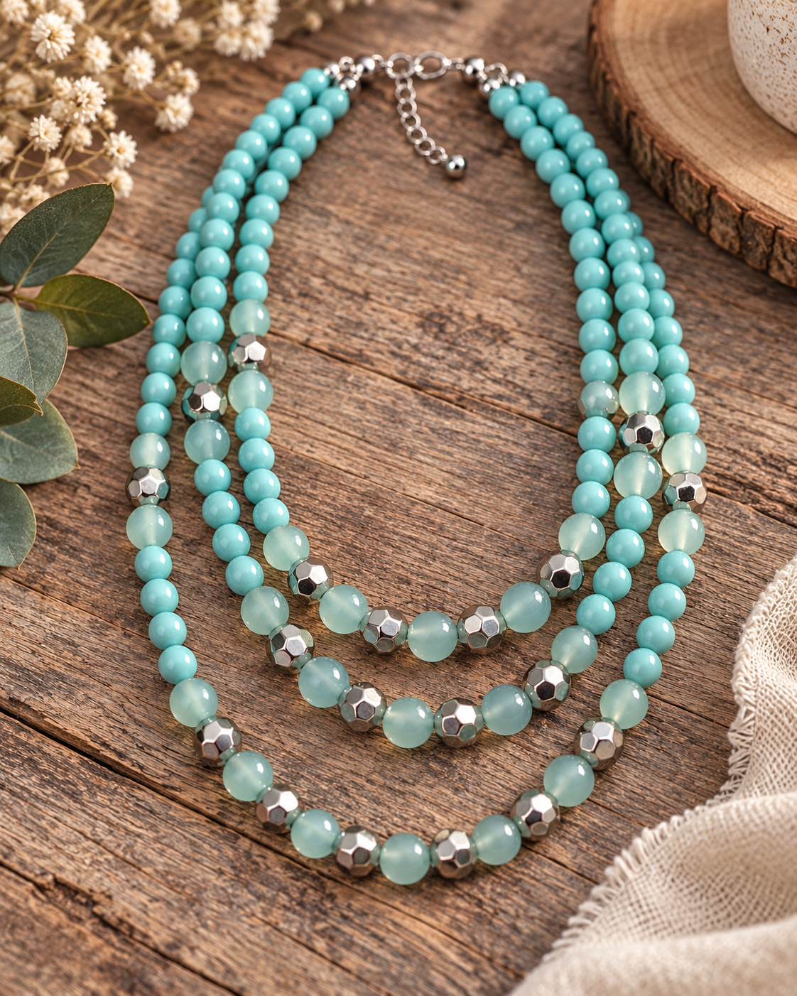 A multi-strand necklace with light aqua blue-green beads and faceted silver metal spacers, displayed on a rustic wooden surface with dried flowers and fabric props.