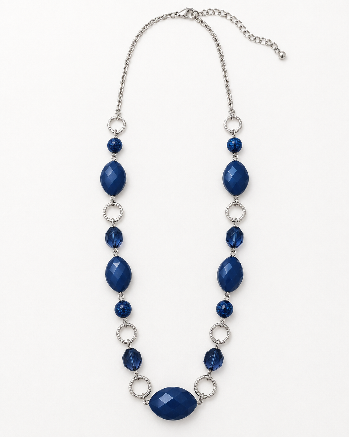 Blue Hour statement necklace with deep blue faceted beads, textured silver-tone rings and adjustable chain