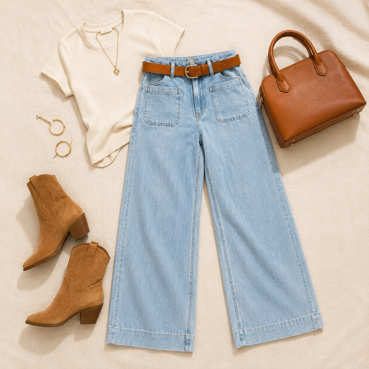 Blue Haven patch-pocket wide-leg jeans styled in a flat lay with an ivory tee, cognac belt, tan boots, gold jewelry and leather bag.
