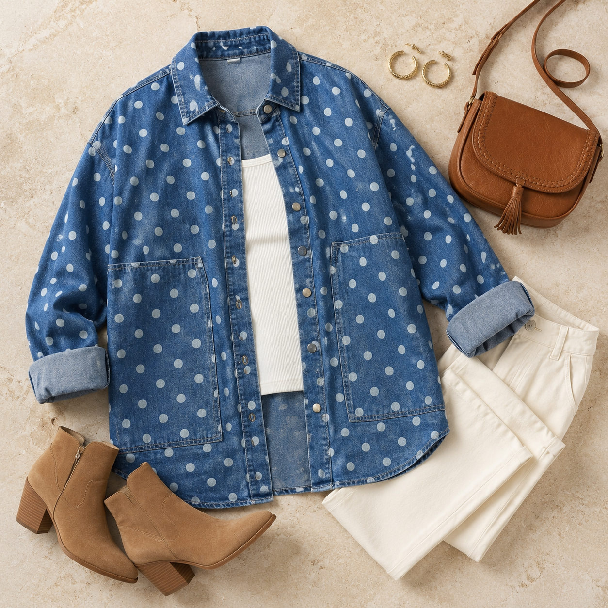Bluebell polka-dot denim shacket flat lay with an ivory tank, cream trousers, tan boots and cognac bag.