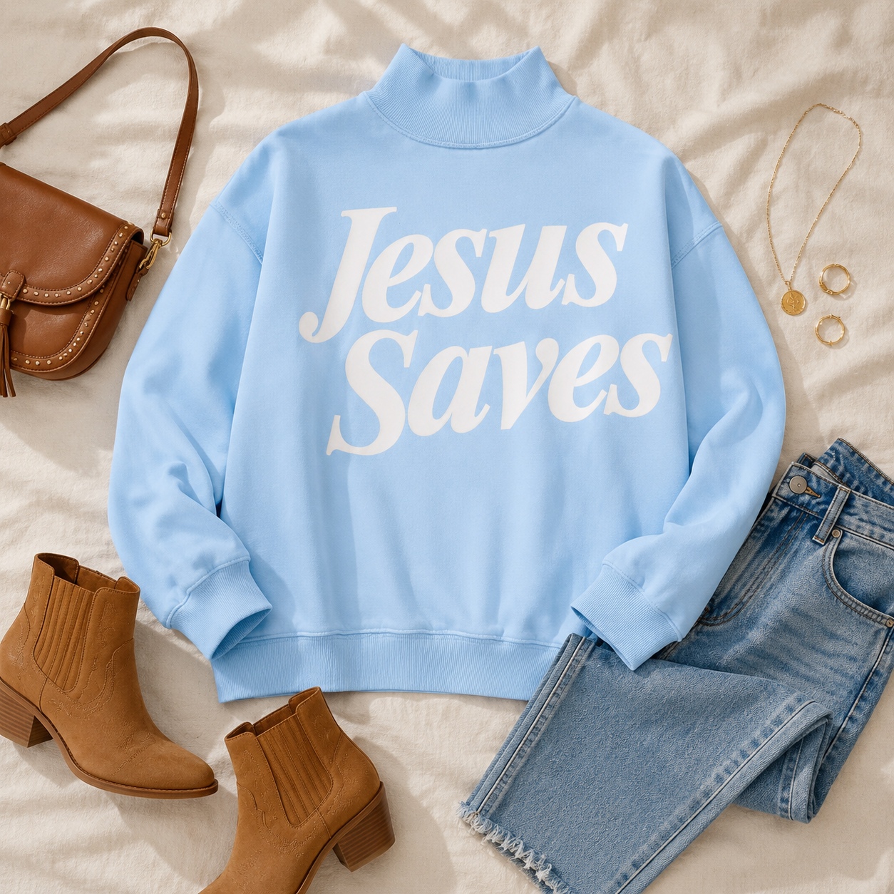 Jesus Saves mist-blue sweatshirt flat lay styled with blue jeans, tan Western boots, gold jewelry and a cognac leather bag.