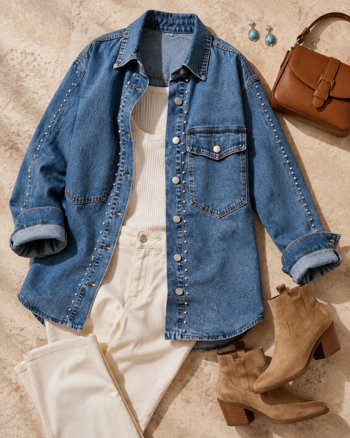 Silver Spur studded denim jacket styled in a flat lay with an ivory tank, cream trousers, Western boots and cognac bag.