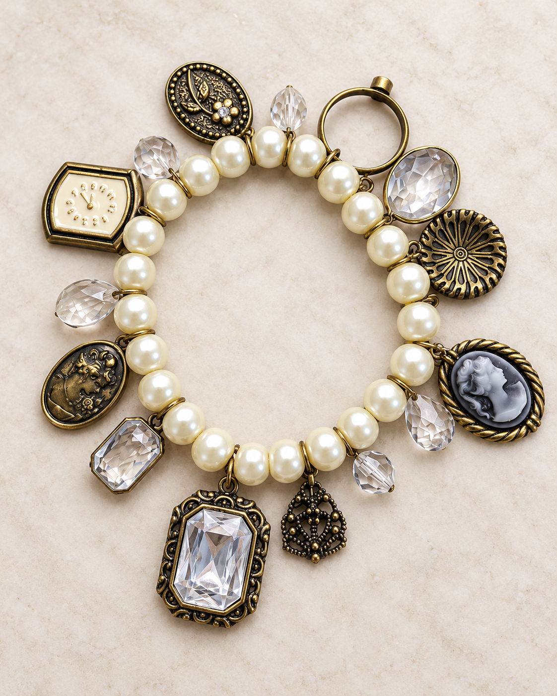 An antique-style charm bracelet with cream pearl beads, bronze-toned metal charms, clear faceted rhinestones, and carved cameo-style medallions, displayed on a light beige textured background.
