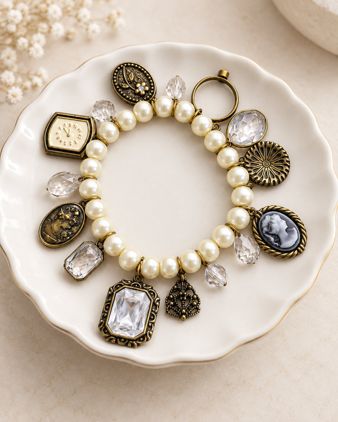 An ornate charm bracelet with faux pearls, antique bronze-toned metal charms, clear faceted crystals, and a dark blue cameo charm, displayed on a scalloped white ceramic dish.