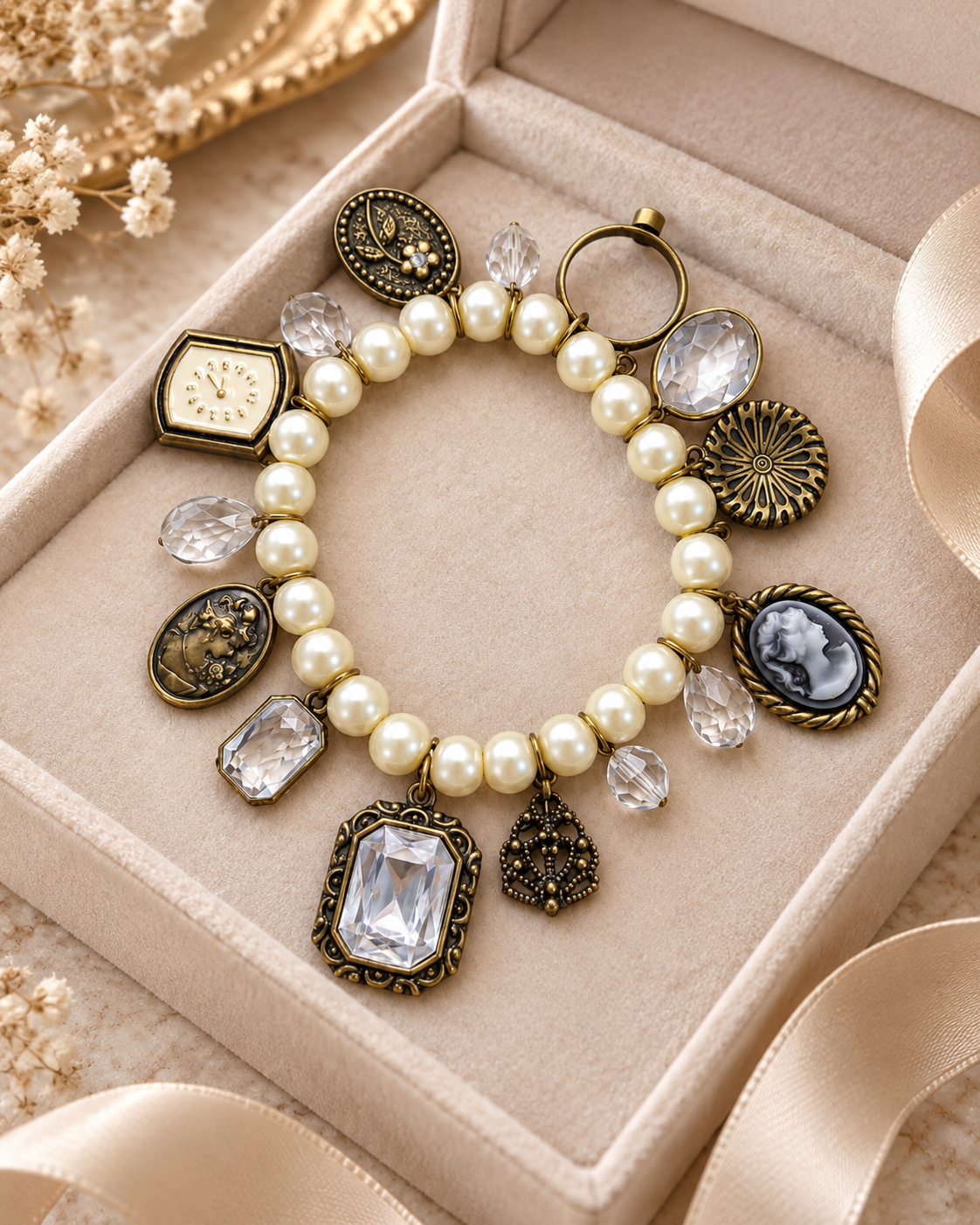 A pearl charm bracelet with antique bronze-toned metal frames and decorative charms, displayed inside a beige jewelry box with dried flowers and ribbon.