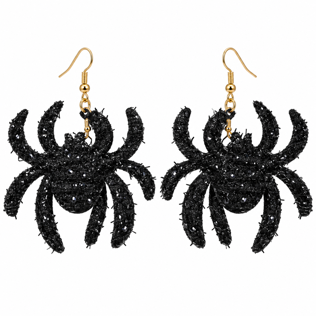 A pair of black spider-shaped dangling earrings with gold fishhook ear wires, shown against a plain white background.