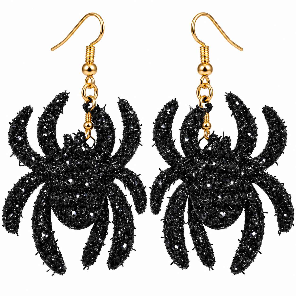 A pair of black spider-shaped dangling earrings with gold fishhook ear wires, shown on a plain white background.