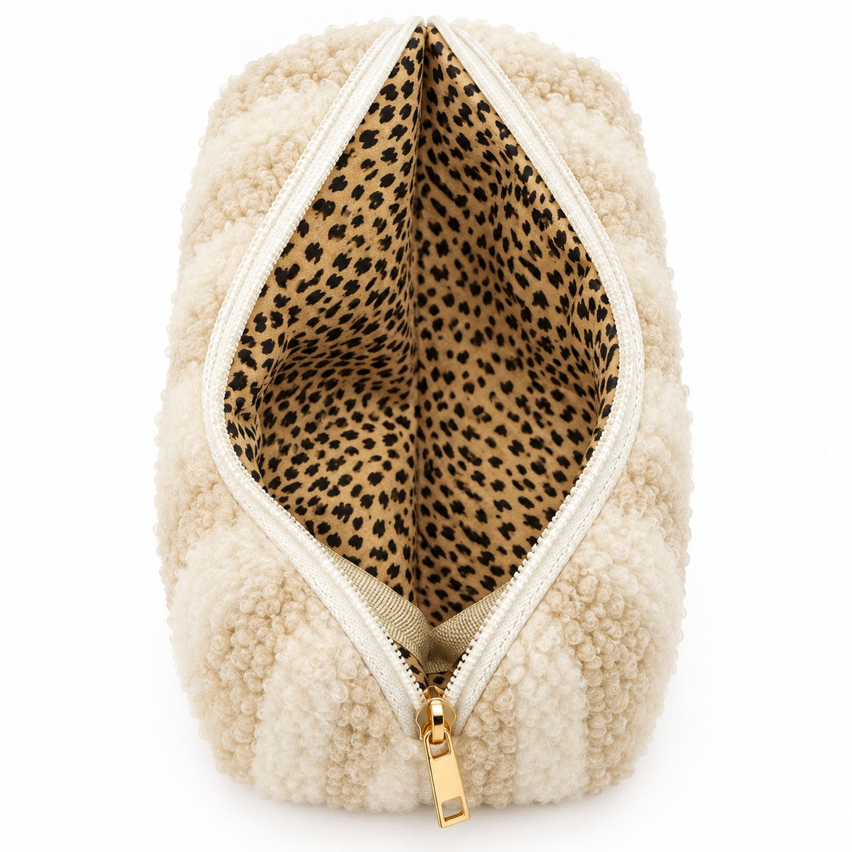 Open ivory bouclé cosmetic case with leopard print interior lining